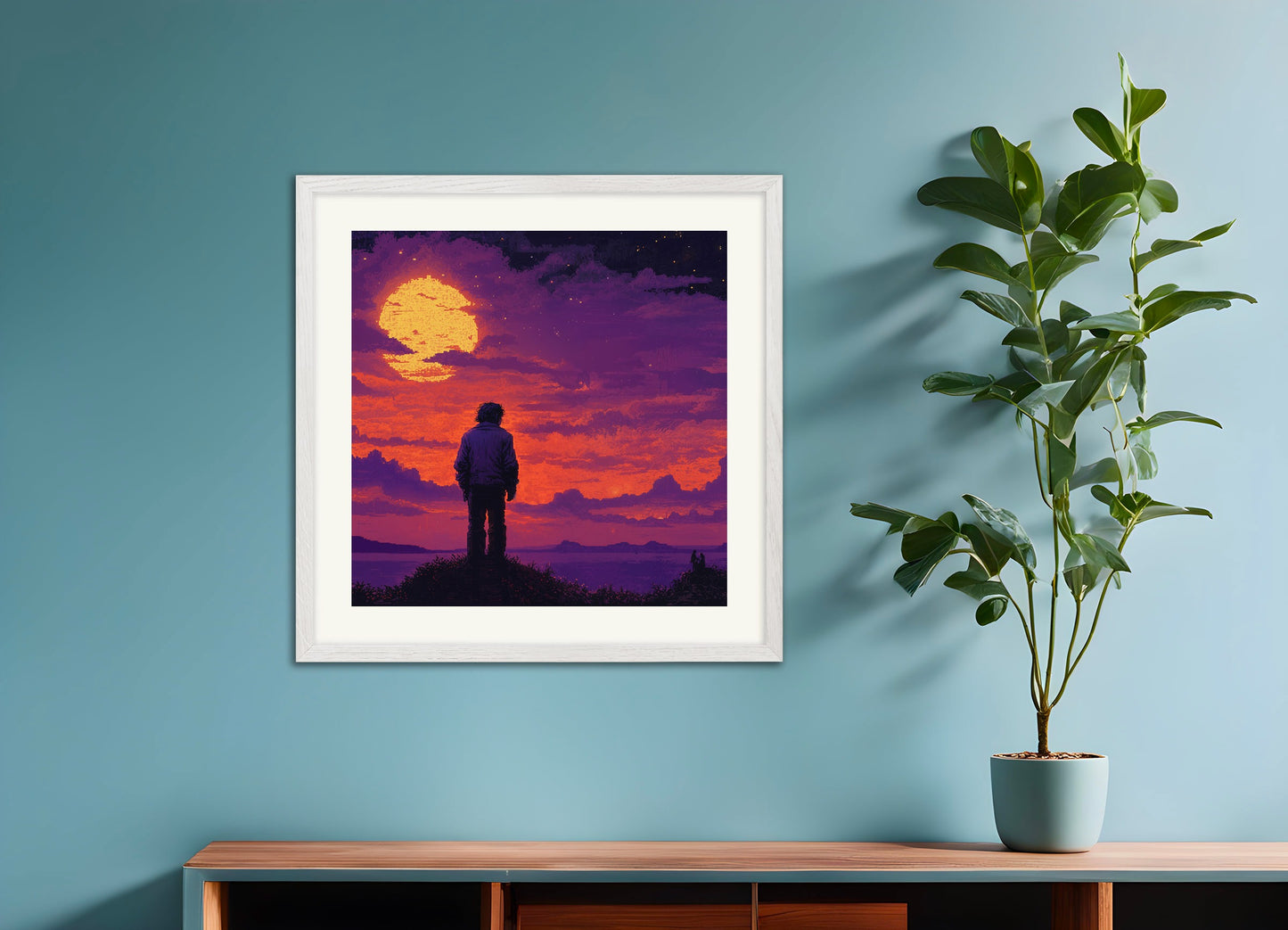 Poster with white wood frame: Retro video game, mystical sunset