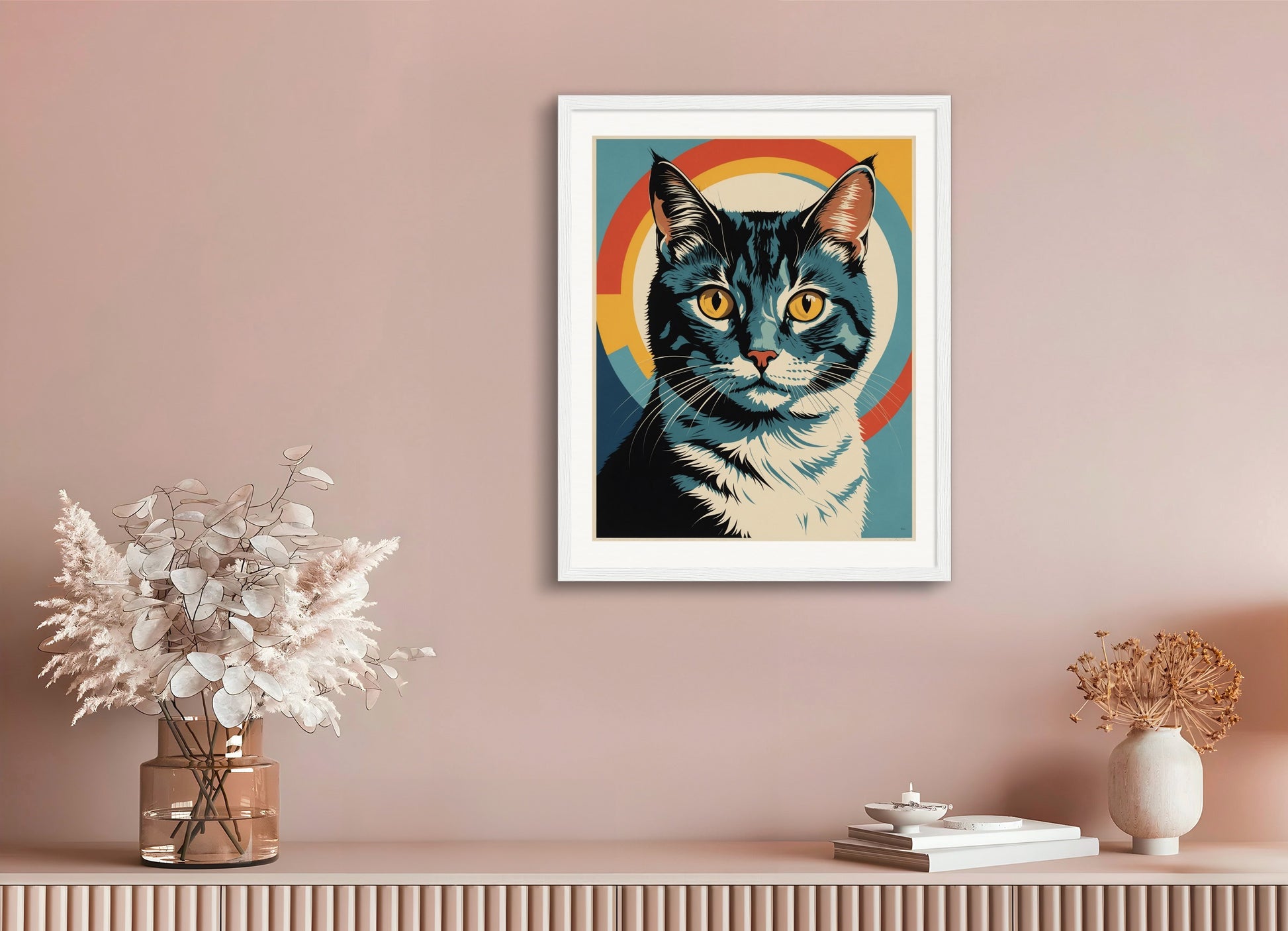 Poster with wood frame: Clean and functional style characterized by the use of geometry, restrained color palettes, Cat