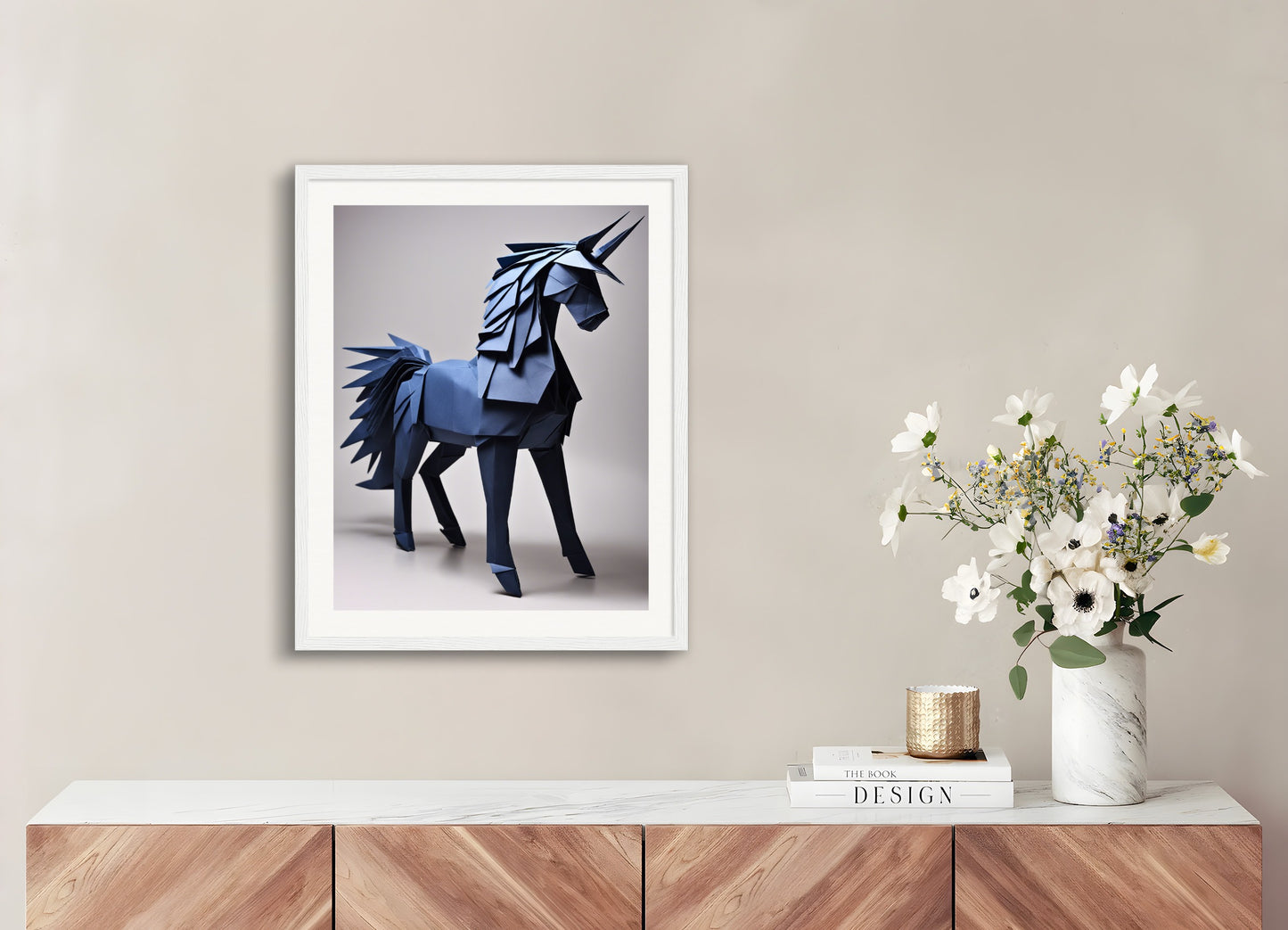 Poster with wood frame: Origami, Unicorn