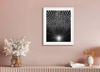 Poster with wood frame: Black and white, cosmic pointillism, bursts of light, Fields