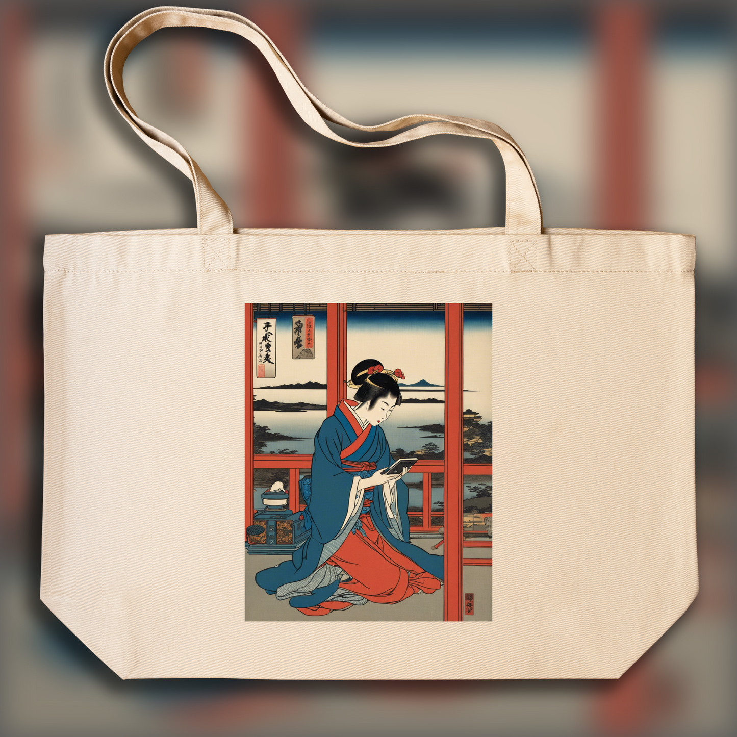 Tote bag - Vues poétiques ukiyo-e, moments fugaces, A women playing with a nintendo game boy - 2838626632