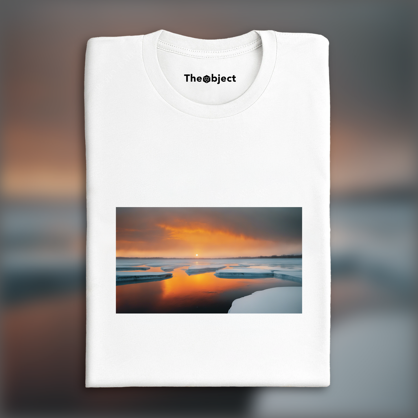 T-Shirt - Abstract urban photographs emphasizing the play of light and shadow, Orange Sun above an ice lake, dramatic scene - 1301563017