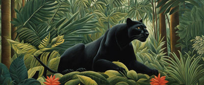 Affiche - Jungles oniriques et naïves à la précision fantaisiste, a fierce black panther in the jungle, close-up - 2977319408