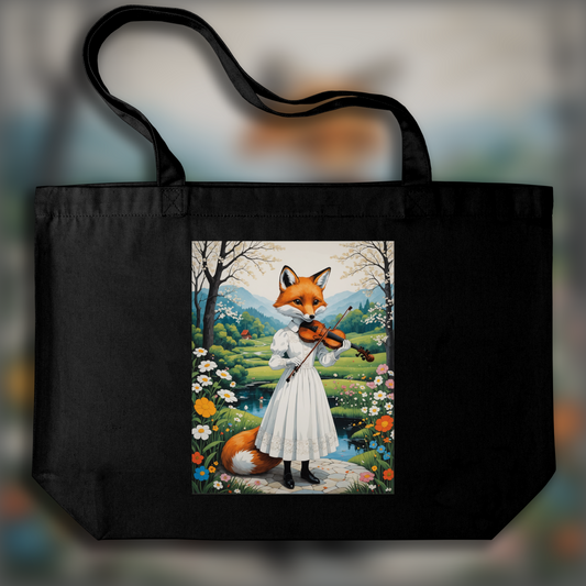 Tote bag - Artiste contemporain japonais kawaï, renard dans une robe blanche joue du violon - 1722897792