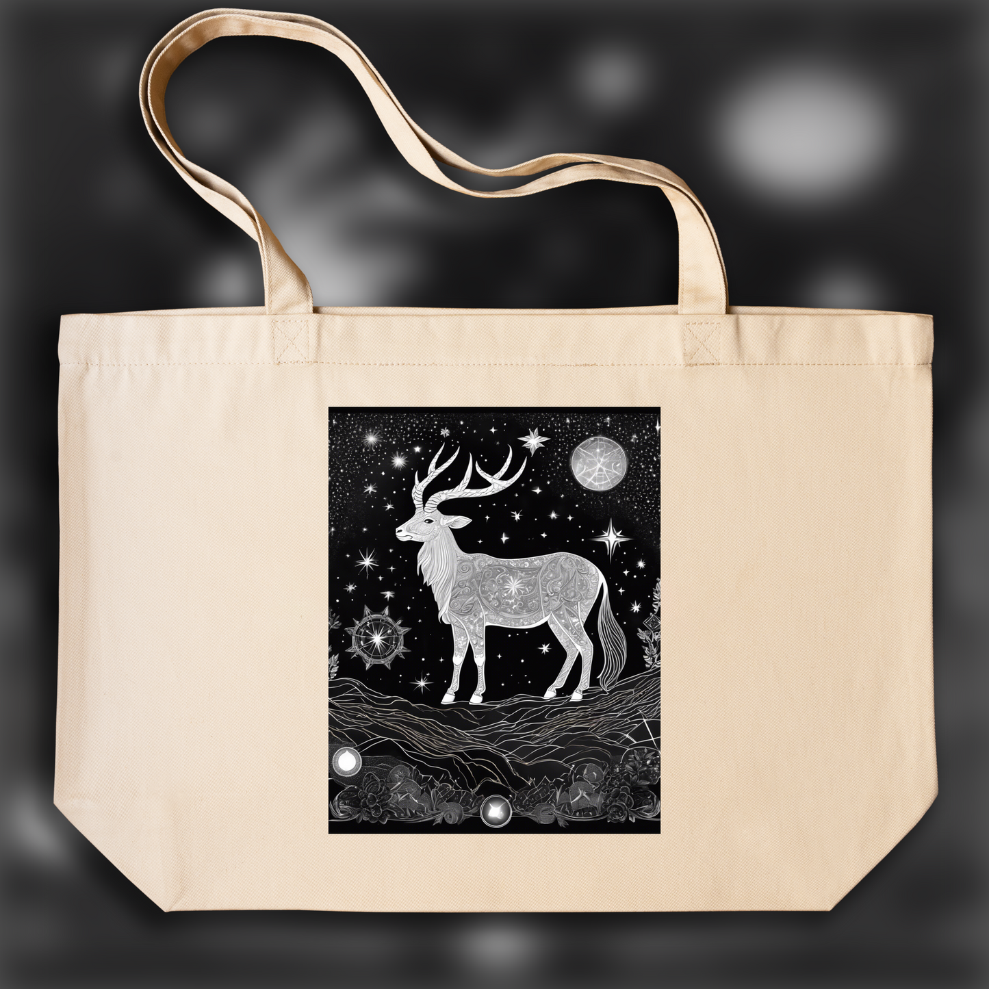 Tote bag - Constellations beautiful drawing, black background, astrology, capricorn sign - 3486642870