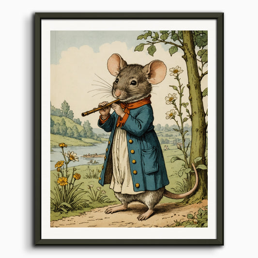 Poster: British illustrations, innocent and nostalgic childhood, a mouse playing the flute