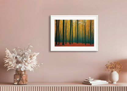 Poster with wood frame: Colorful and abstract images, capturing geometric compositions in landscapes, Forest