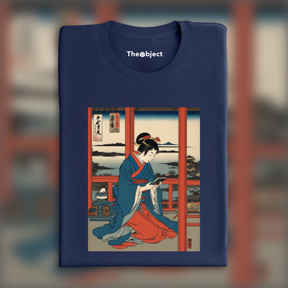 T-Shirt - Poetic ukiyo-e views, fleeting moments, A women playing with a nintendo game boy - 2838626632