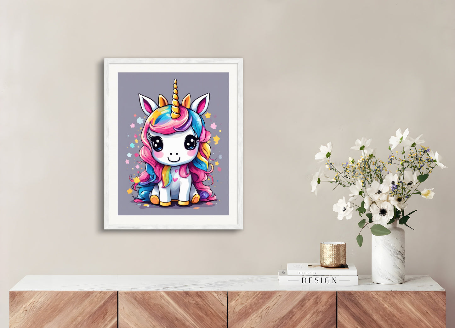 Poster with wood frame: Japanese contemporary Kawaii artist, A baby cute unicorn