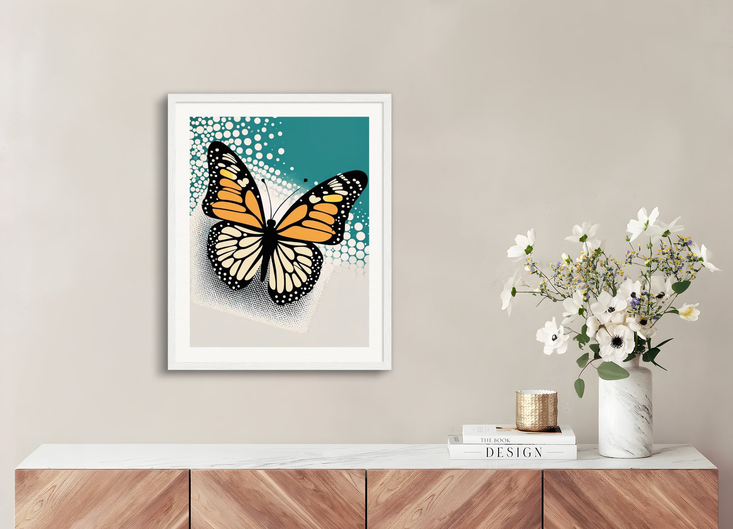 Poster with wood frame: Halftone dot, Butterfly