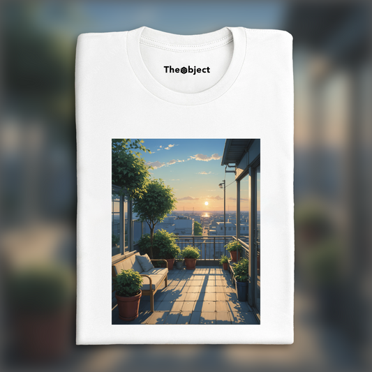 T-Shirt - Animé contemporain japonais, Une terrasse tranquille, soleil couchant - 3336632727