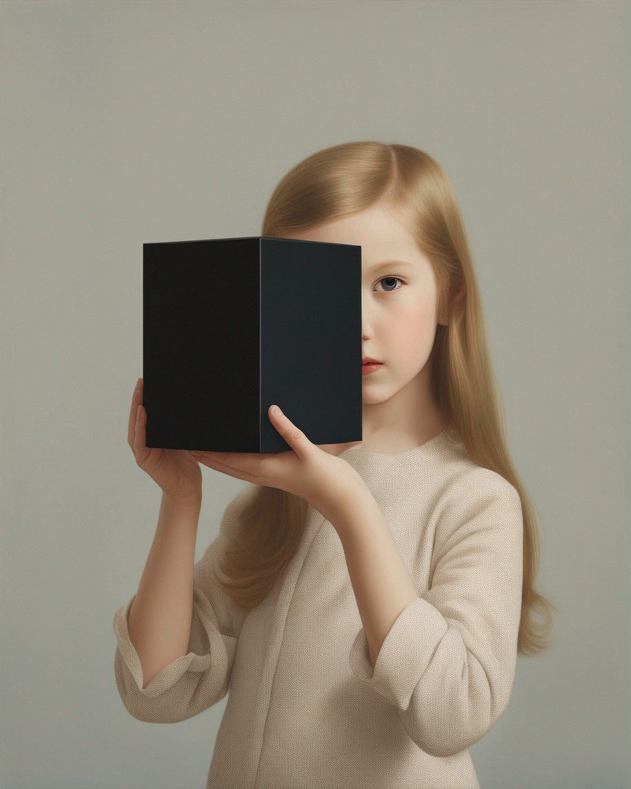 Artificial Intelligence image of a girl holding a mysterious black cube