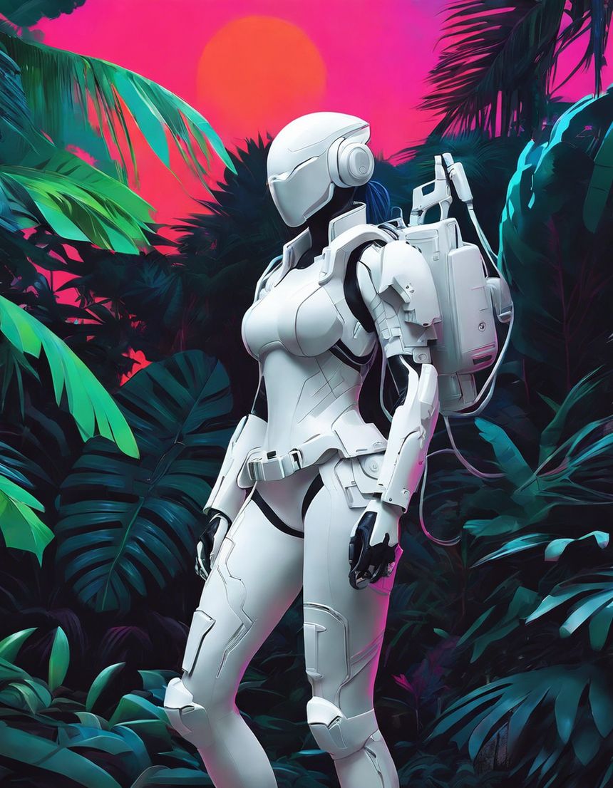 Image - Neon punk, a white ghost in the shell cyborg in the Seychelles jungle - 2131885836