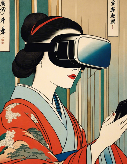 T-Shirt - Poetic ukiyo-e views, fleeting moments, close up of a women with a virtual reality headset - 1903864258