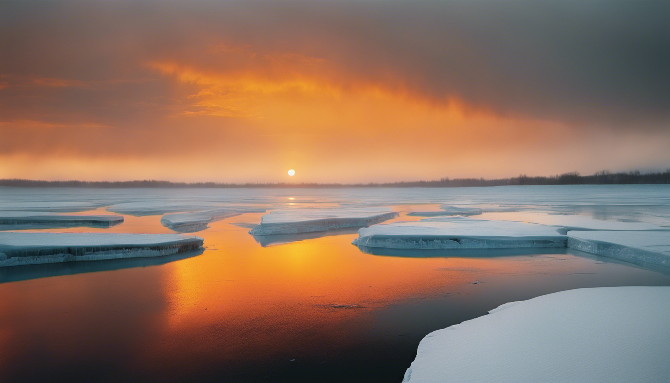 Image - Abstract urban photographs emphasizing the play of light and shadow, Orange Sun above an ice lake, dramatic scene - 1301563017