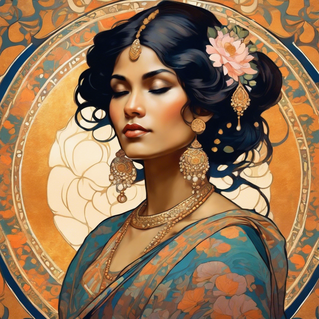 Image - Klimt rococo Mucha , Indian woman in sari portrait from side in the style of demure vintage Japanese  - 698678321