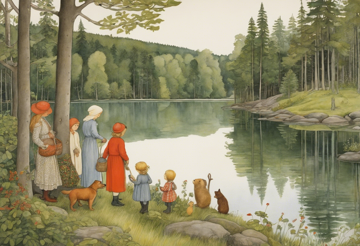 Image - Illustration capturant l'émerveillement et délicatesse de l'enfance, A family near a lake, a forest - 656835157