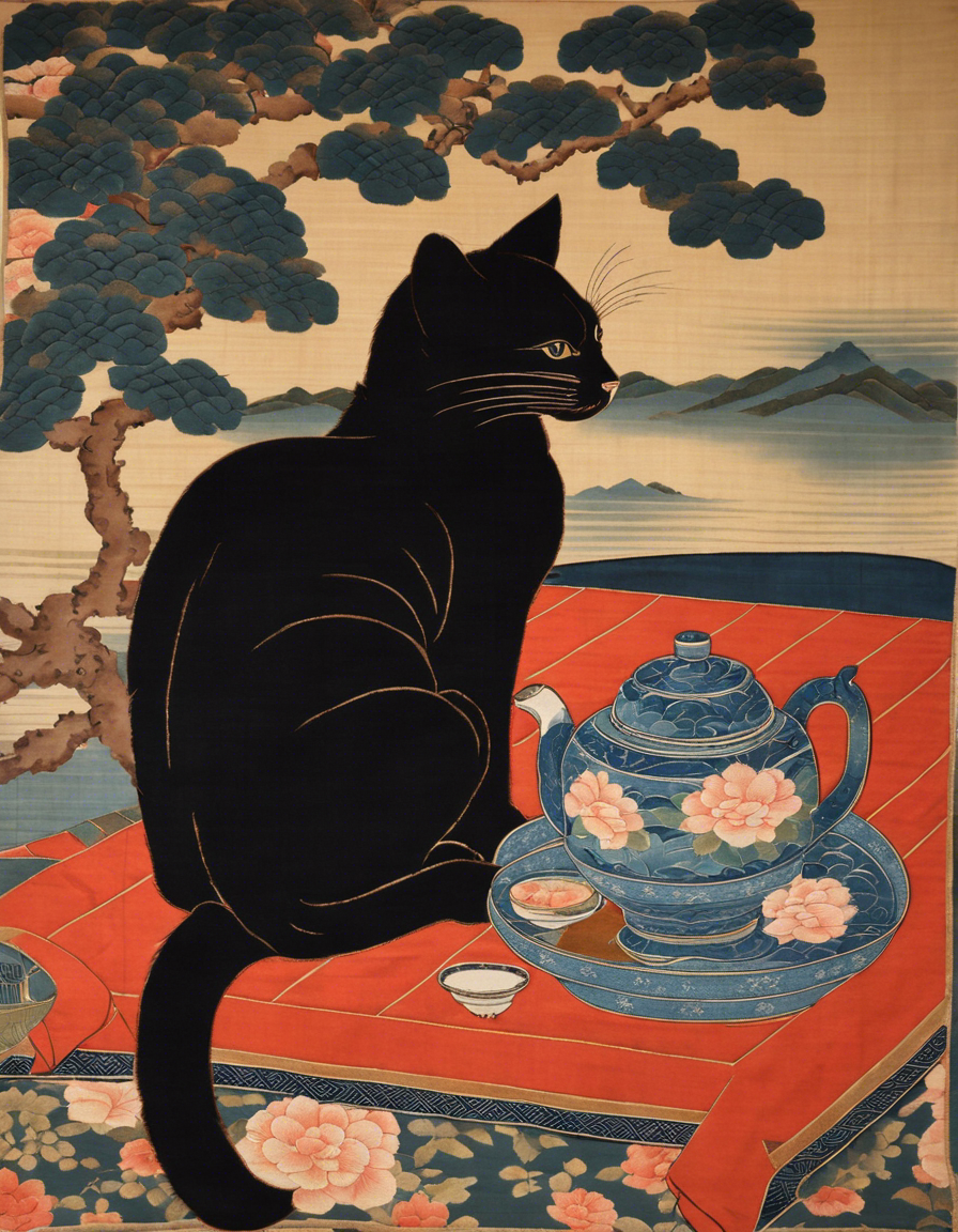 T-Shirt - 19th century Japanese tapestry, A black cat drinking tea - 1733387598