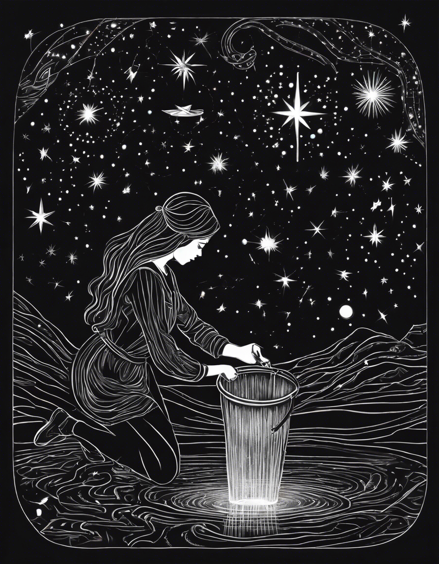 T-Shirt - Constellations beautiful drawing, black background, Astrology, a women pouring a bucket of water - 2113464847