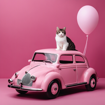 Tote bag - Pink baby car with a cat, Pink baby car with a cat - 1816371159