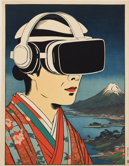 Tote bag - Poetic ukiyo-e views, fleeting moments, close up of a men with a virtual reality headset - 3570796275