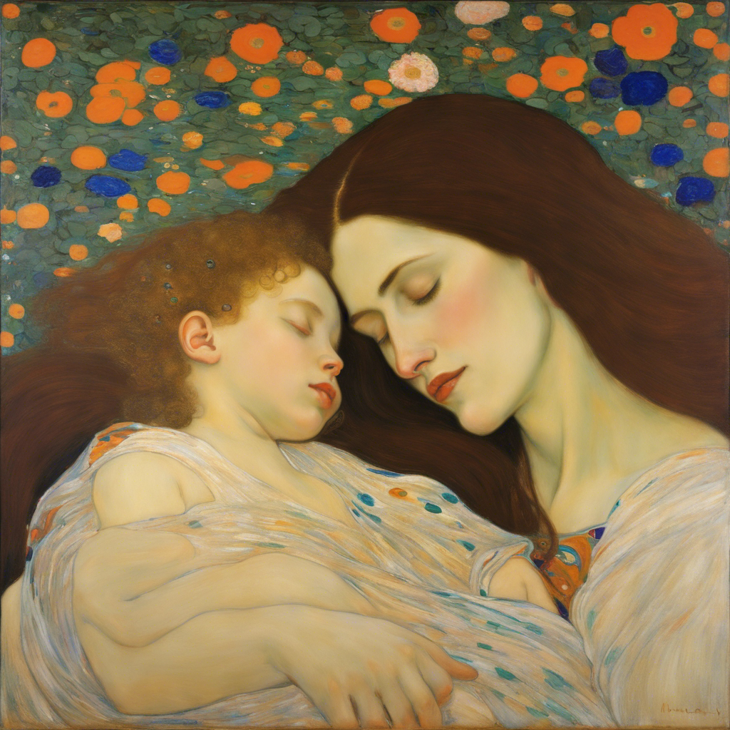 T-Shirt - Klimt, Mother long flowing hair cradling child sleeping  - 585728324