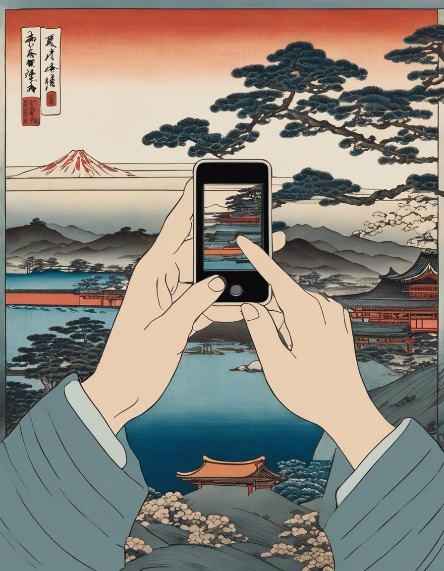 T-Shirt - Vues poétiques ukiyo-e, moments fugaces, hands holding electronic device - 1931835037