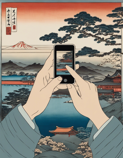 T-Shirt - Poetic ukiyo-e views, fleeting moments, hands holding electronic device - 1931835037