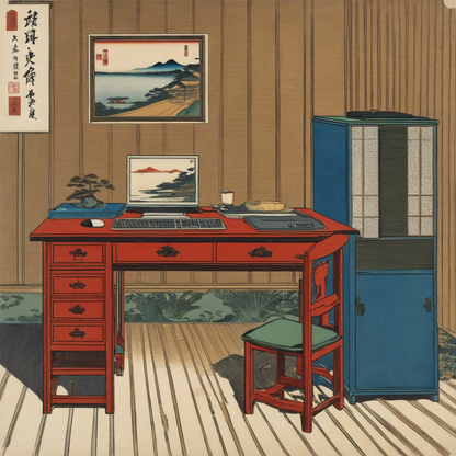 T-Shirt - Vues poétiques ukiyo-e, moments fugaces, a computer on a table - 3974568099