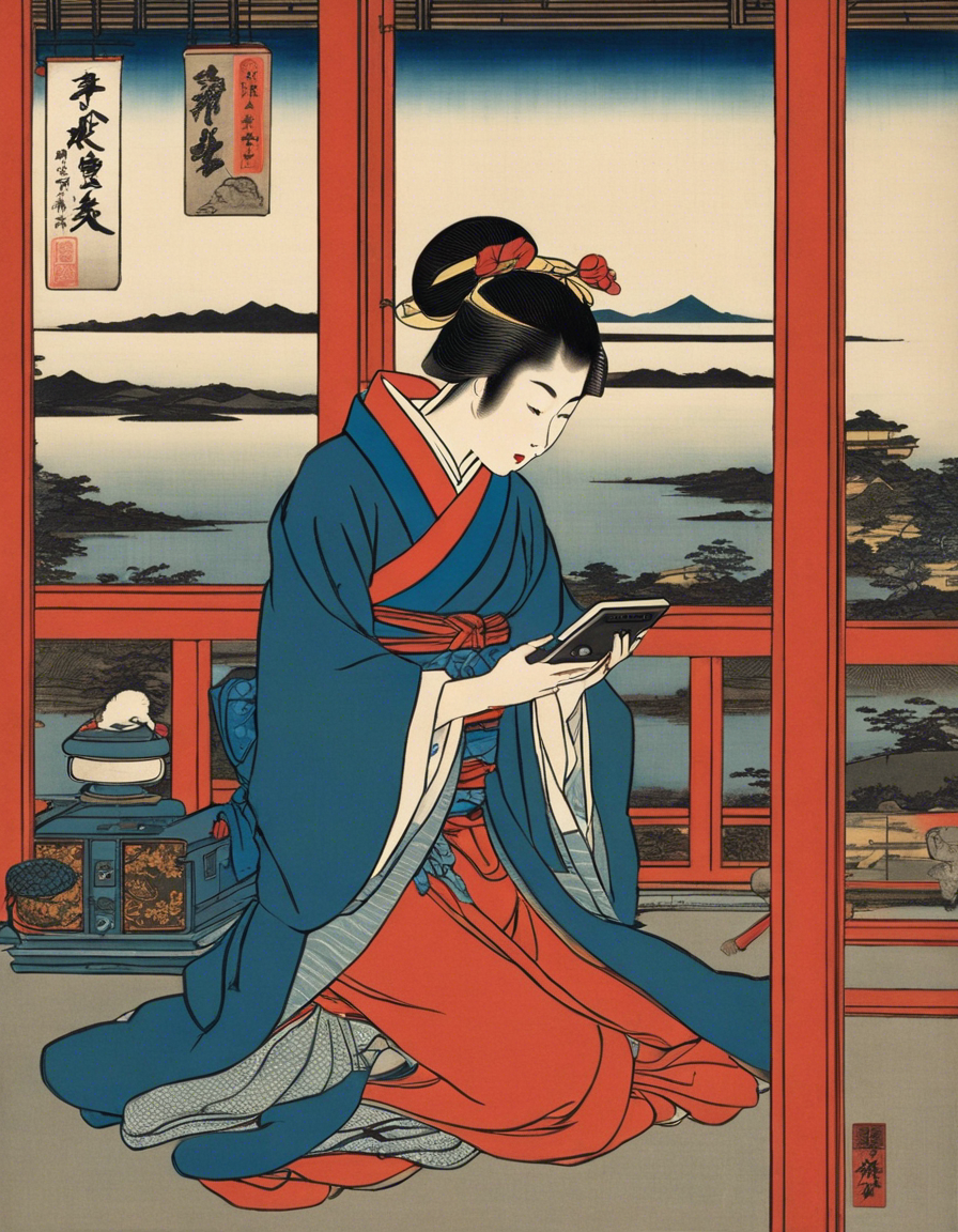 T-Shirt - Poetic ukiyo-e views, fleeting moments, A women playing with a nintendo game boy - 2838626632