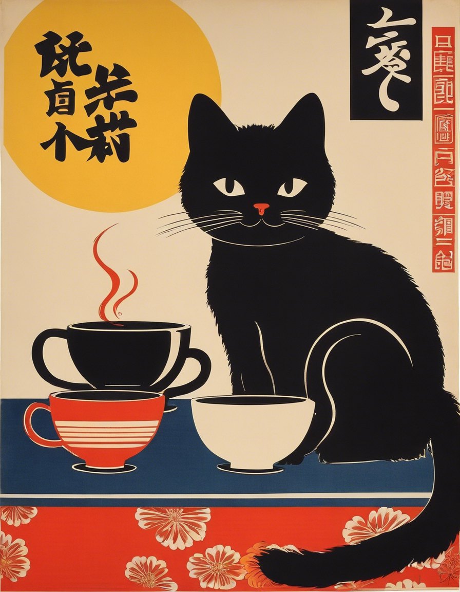 T-Shirt - Japanese vintage poster, a black cat drinking coffee - 296803188